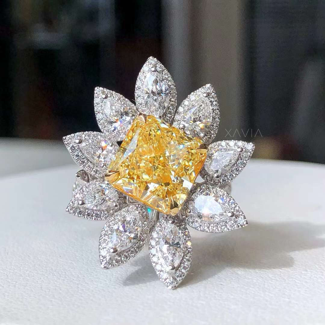 fancy yellow radiant diamond floral cocktail ring with marquise halo cluster, luxury lab-grown diamond jewelry design